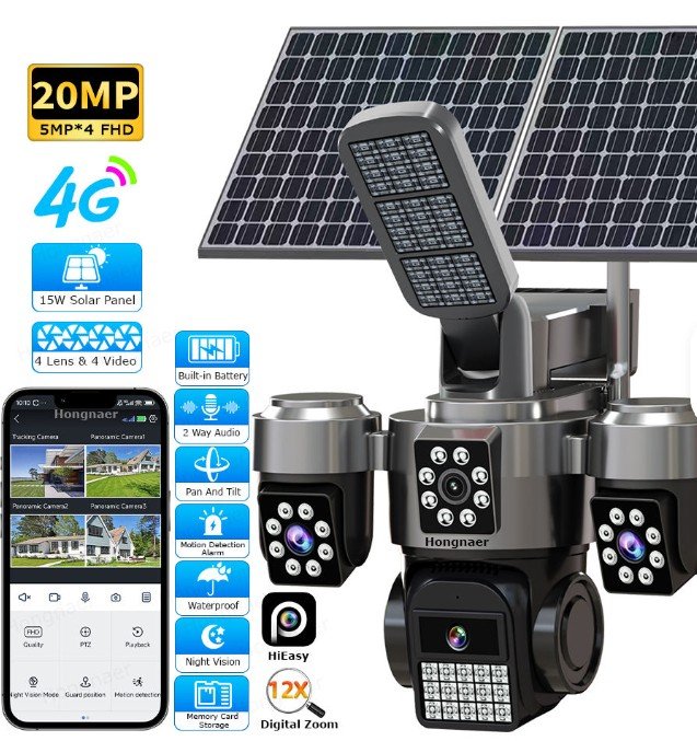 Hongnaer 20MP 12X Digital Zoom Solar PTZ CCTV Camera